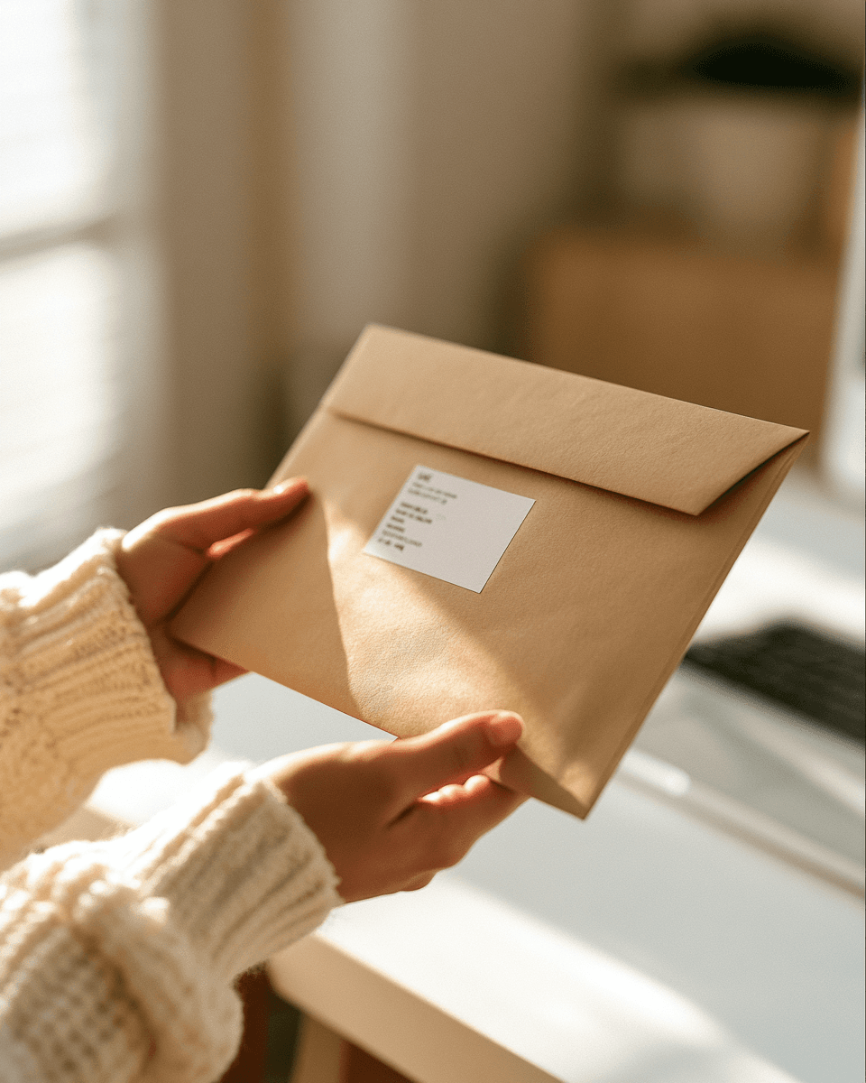 A padded envelope being handed over in a bright room